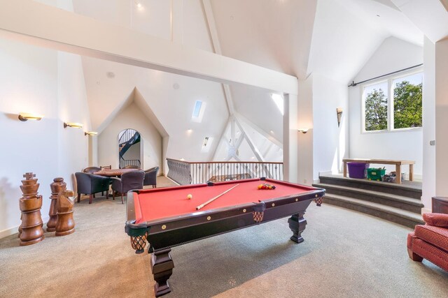 27681 Mace Blvd, Davis, CA 95618 - rec room featuring carpet, high vaulted ceiling, and pool table