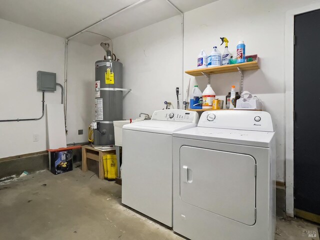 8940 Irving St, Graton, CA 95444 - clothes washing area with washer and dryer, water heater, and a sink