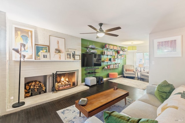 464 Azalea Way, Vacaville, CA 95688 - living room featuring a brick fireplace, wood finished floors, and a ceiling fan
