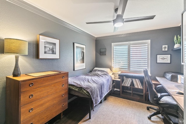 464 Azalea Way, Vacaville, CA 95688 - bedroom with crown molding, an office area, a ceiling fan, a textured wall, and carpet floors