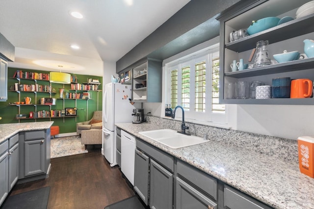 464 Azalea Way, Vacaville, CA 95688 - kitchen with open shelves, a sink, gray cabinetry, dark wood finished floors, and white dishwasher