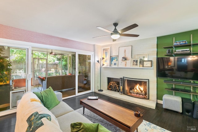 464 Azalea Way, Vacaville, CA 95688 - living room featuring ceiling fan, a brick fireplace, and wood finished floors