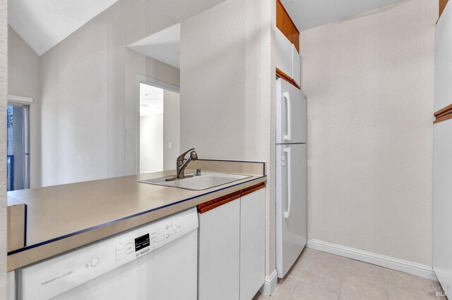 3183 Wayside Plz Unit 319, Walnut Creek, CA 94597 - kitchen featuring white appliances, a sink, white cabinetry, baseboards, and light tile patterned floors