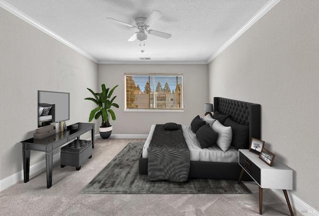 3183 Wayside Plz Unit 319, Walnut Creek, CA 94597 - bedroom with crown molding, a textured ceiling, baseboards, carpet flooring, and a ceiling fan