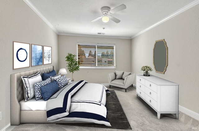 3183 Wayside Plz Unit 319, Walnut Creek, CA 94597 - bedroom with crown molding, light carpet, baseboards, a textured ceiling, and ceiling fan