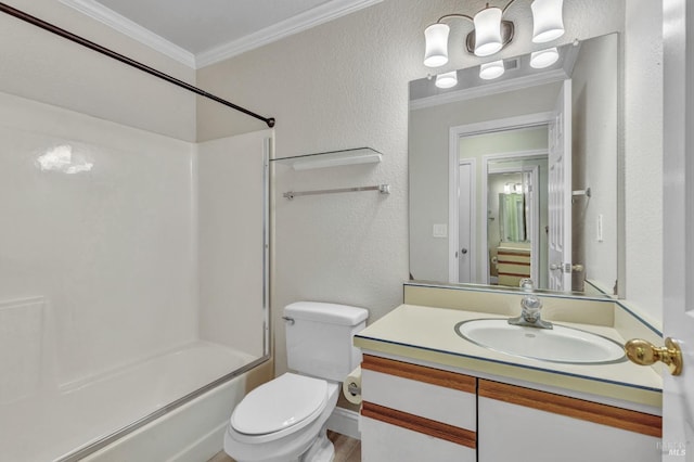3183 Wayside Plz Unit 319, Walnut Creek, CA 94597 - bathroom with crown molding, toilet, tub / shower combination, vanity, and a textured wall
