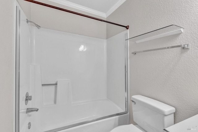 3183 Wayside Plz Unit 319, Walnut Creek, CA 94597 - bathroom with ornamental molding, toilet, bathing tub / shower combination, and a textured wall