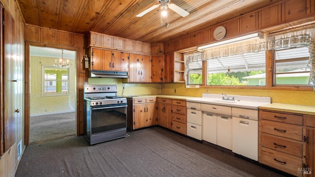 20226 Willow Rd, Monte Rio, CA 95462 - kitchen with range with gas stovetop, under cabinet range hood, wooden ceiling, a sink, and a chandelier