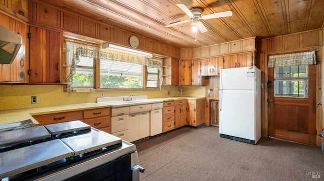 20226 Willow Rd, Monte Rio, CA 95462 - kitchen featuring freestanding refrigerator, wood ceiling, electric range, light countertops, and a sink