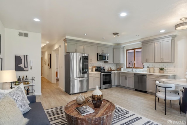 kitchen featuring appliances with stainless steel finishes, gray cabinets, a sink, tasteful backsplash, and light wood-type flooring