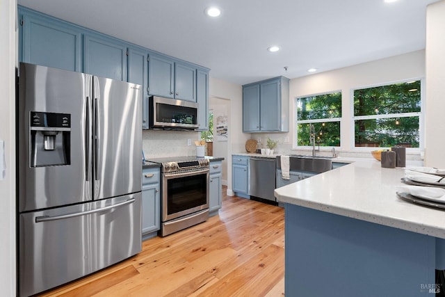 14 Ceriani Ct, Napa, CA 94558 - kitchen with appliances with stainless steel finishes, a sink, blue cabinetry, recessed lighting, and light wood-style flooring