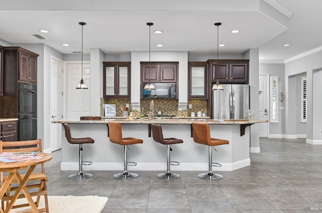 339 Desert Forest Ct, Rio Vista, CA 94571 - kitchen featuring black appliances, glass insert cabinets, recessed lighting, decorative backsplash, and ornamental molding