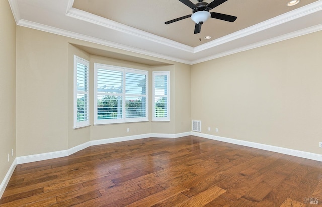339 Desert Forest Ct, Rio Vista, CA 94571 - unfurnished room with wood finished floors, a raised ceiling, crown molding, a ceiling fan, and baseboards
