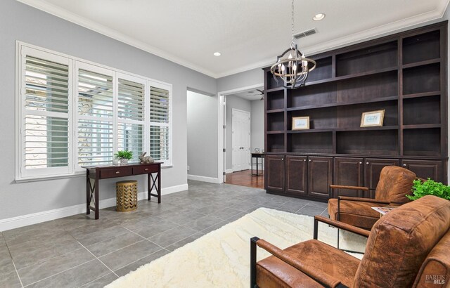 339 Desert Forest Ct, Rio Vista, CA 94571 - sitting room featuring a chandelier, ornamental molding, tile patterned flooring, baseboards, and recessed lighting