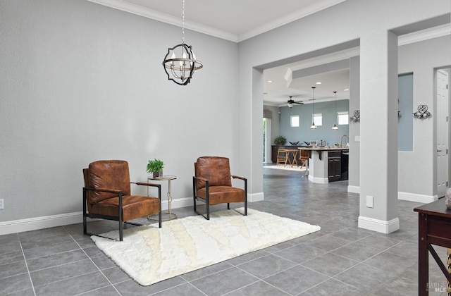 339 Desert Forest Ct, Rio Vista, CA 94571 - living area with crown molding, tile patterned flooring, ceiling fan, and baseboards