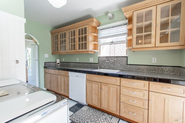 1124 Tuolumne St, Vallejo, CA 94590 - kitchen with white appliances, light brown cabinets, arched walkways, a sink, and open shelves