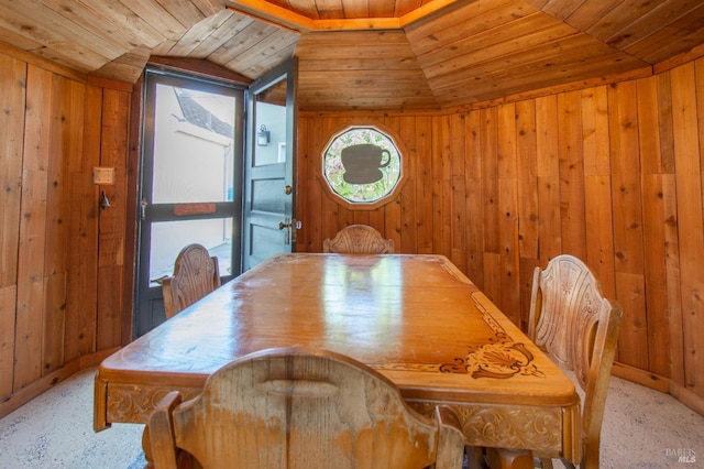 1124 Tuolumne St, Vallejo, CA 94590 - dining area with wood ceiling, wooden walls, light colored carpet, and lofted ceiling
