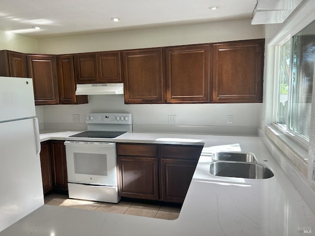 2499 Eastman Ln, Petaluma, CA 94952 - kitchen with white appliances, under cabinet range hood, a sink, recessed lighting, and dark brown cabinetry