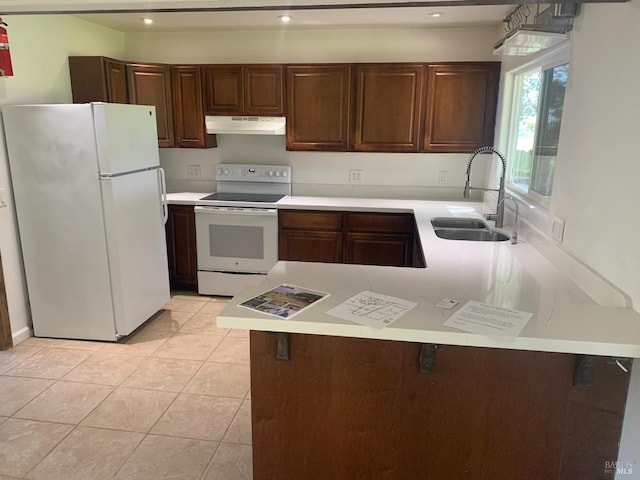 2499 Eastman Ln, Petaluma, CA 94952 - kitchen with white appliances, under cabinet range hood, a sink, light countertops, and a peninsula