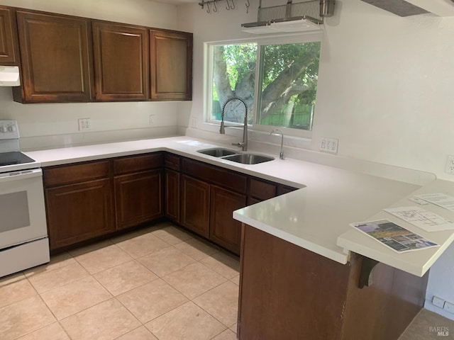 2499 Eastman Ln, Petaluma, CA 94952 - kitchen with white range with electric stovetop, a sink, light countertops, a peninsula, and range hood
