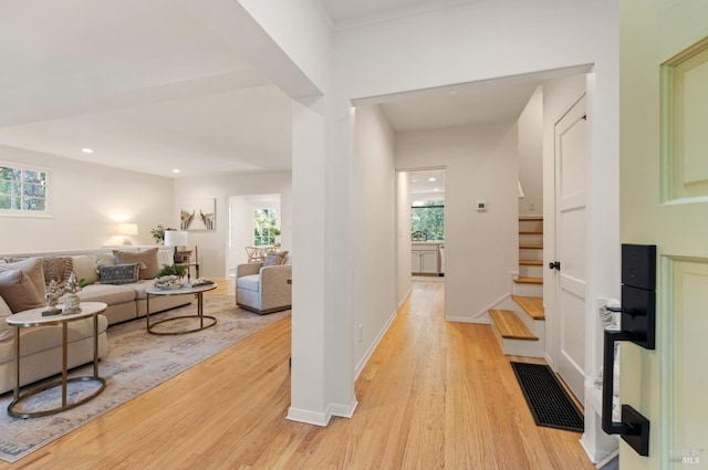 239 W Blithedale Ave, Mill Valley, CA 94941 - hall featuring light wood-style floors, stairs, recessed lighting, and baseboards