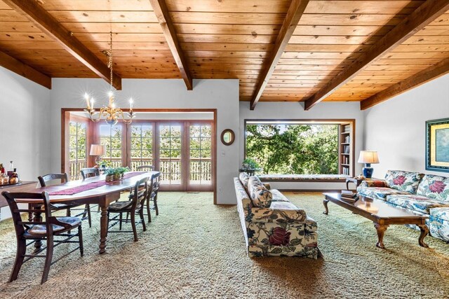 286 Monte Vista Dr, Napa, CA 94559 - dining room featuring carpet floors, wooden ceiling, and a chandelier