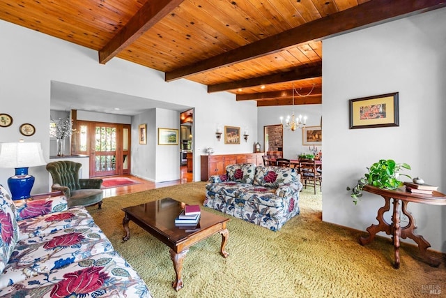 286 Monte Vista Dr, Napa, CA 94559 - living room featuring carpet flooring, a chandelier, and wood ceiling with exposed beams