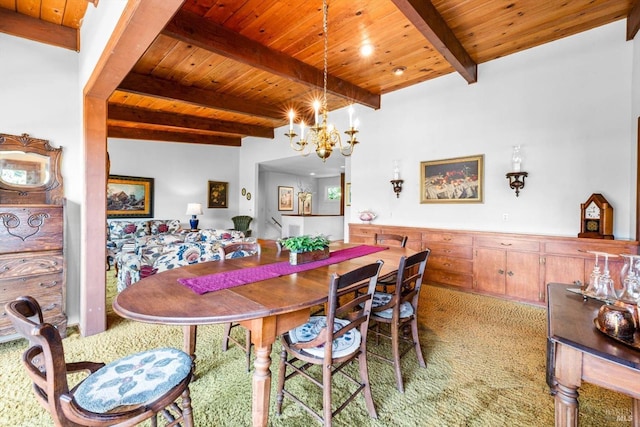 286 Monte Vista Dr, Napa, CA 94559 - dining room featuring light colored carpet, wood ceiling with exposed beams, and a chandelier