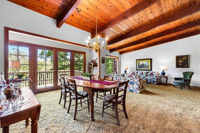 286 Monte Vista Dr, Napa, CA 94559 - dining space featuring carpet flooring, wooden ceiling, a chandelier, and french doors