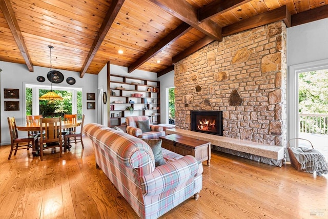 286 Monte Vista Dr, Napa, CA 94559 - living room with light wood finished floors, wooden ceiling, and a fireplace