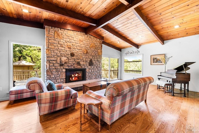 286 Monte Vista Dr, Napa, CA 94559 - living room featuring light wood-type flooring, wooden ceiling, and a fireplace
