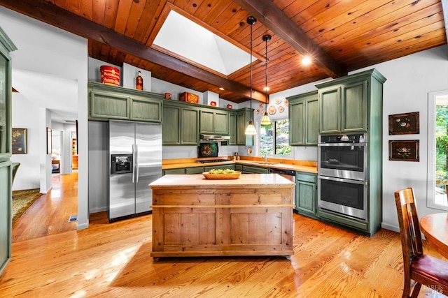 286 Monte Vista Dr, Napa, CA 94559 - kitchen featuring green cabinetry, stainless steel appliances, a skylight, plenty of natural light, and wooden ceiling