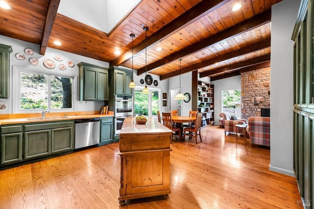 286 Monte Vista Dr, Napa, CA 94559 - kitchen featuring green cabinetry, appliances with stainless steel finishes, wood ceiling, a sink, and light countertops