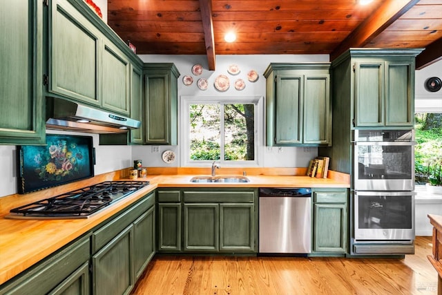 286 Monte Vista Dr, Napa, CA 94559 - kitchen featuring green cabinets, appliances with stainless steel finishes, a sink, wood ceiling with exposed beams, and under cabinet range hood