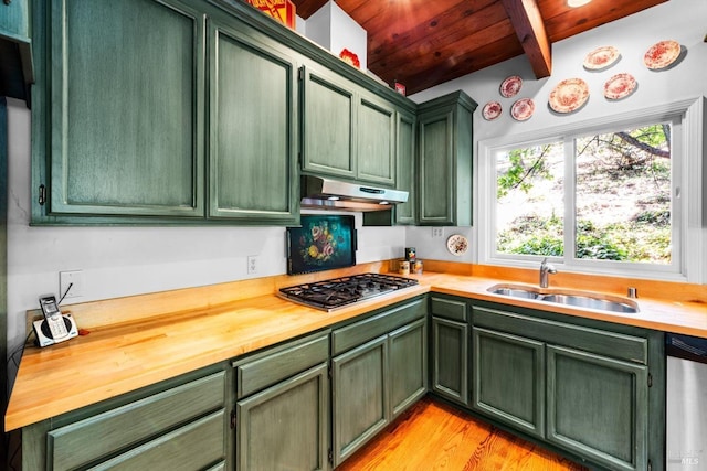 286 Monte Vista Dr, Napa, CA 94559 - kitchen with green cabinets, appliances with stainless steel finishes, a sink, under cabinet range hood, and wooden ceiling with exposed beams
