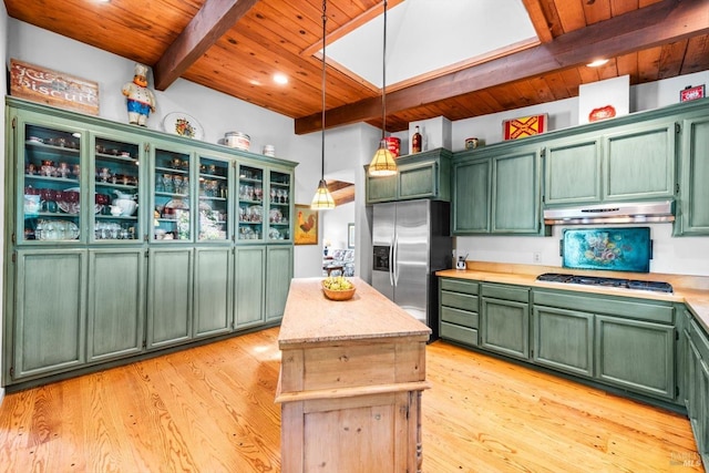 286 Monte Vista Dr, Napa, CA 94559 - kitchen featuring green cabinetry, appliances with stainless steel finishes, under cabinet range hood, wooden ceiling with exposed beams, and a kitchen island