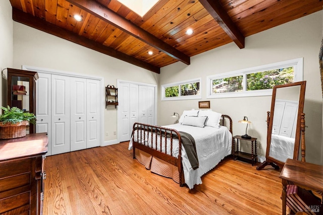 286 Monte Vista Dr, Napa, CA 94559 - bedroom featuring two closets, light wood-style flooring, baseboards, wooden ceiling, and recessed lighting