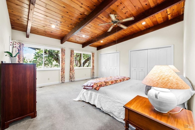 286 Monte Vista Dr, Napa, CA 94559 - carpeted bedroom featuring multiple closets, wood ceiling, baseboards, and ceiling fan