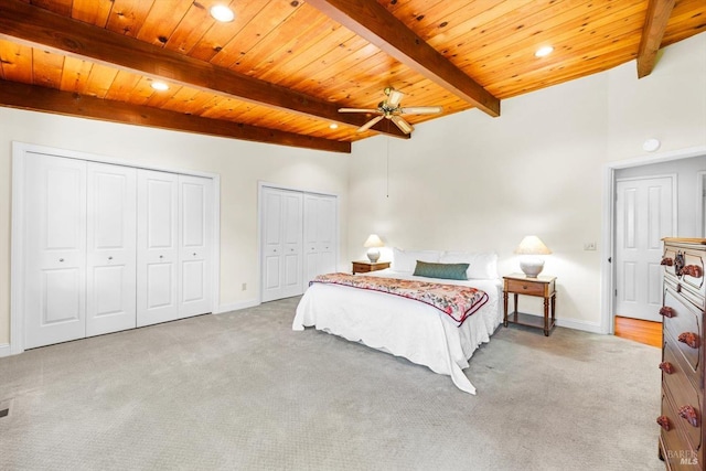 286 Monte Vista Dr, Napa, CA 94559 - carpeted bedroom with wood ceiling with exposed beams, multiple closets, baseboards, and recessed lighting