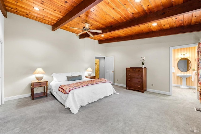 286 Monte Vista Dr, Napa, CA 94559 - carpeted bedroom featuring wooden ceiling with exposed beams, baseboards, recessed lighting, and ensuite bathroom