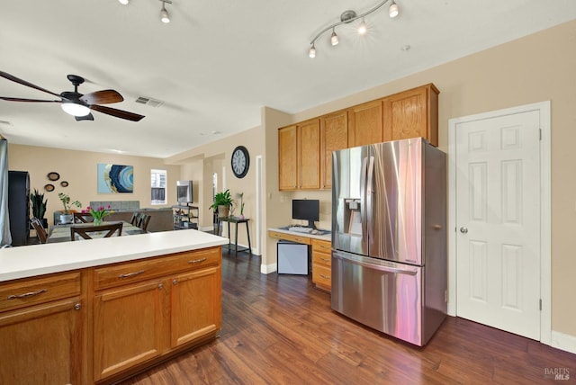 4564 Stillson St, Napa, CA 94558 - kitchen featuring stainless steel fridge with ice dispenser, ceiling fan, light countertops, dark wood-style floors, and an office area
