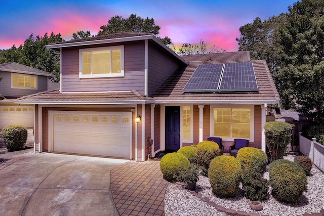 4564 Stillson St, Napa, CA 94558 - view of front facade with driveway, a porch, solar panels, an attached garage, and fence