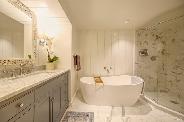 17 Oak Rd, Larkspur, CA 94939 - bathroom featuring a freestanding bath, a stall shower, vanity, and marble finish floors