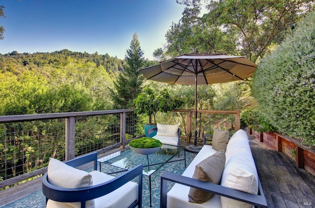 17 Oak Rd, Larkspur, CA 94939 - wooden terrace featuring a forest view and an outdoor living space