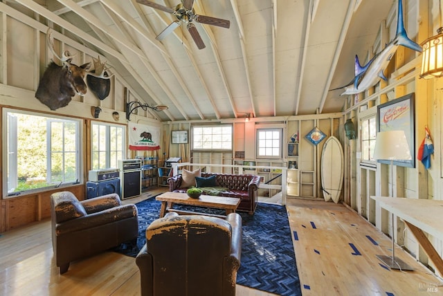 17 Oak Rd, Larkspur, CA 94939 - living area featuring hardwood / wood-style floors, healthy amount of natural light, ceiling fan, beamed ceiling, and high vaulted ceiling