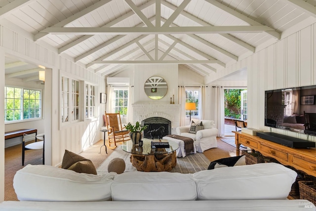 17 Oak Rd, Larkspur, CA 94939 - living area featuring a brick fireplace and beamed ceiling