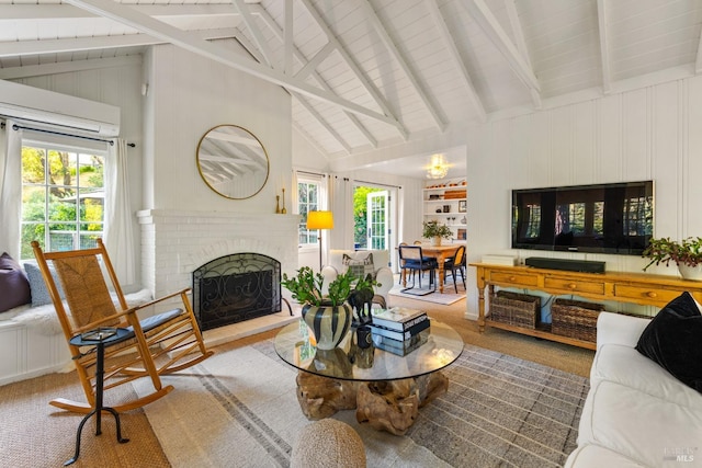 17 Oak Rd, Larkspur, CA 94939 - living room with beam ceiling, a fireplace, and high vaulted ceiling