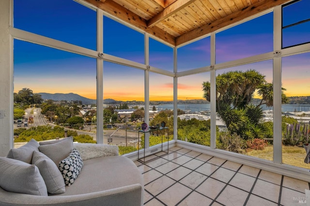 503 Easterby St, Sausalito, CA 94965 - sunroom with wood ceiling, tile patterned flooring, and a mountain view