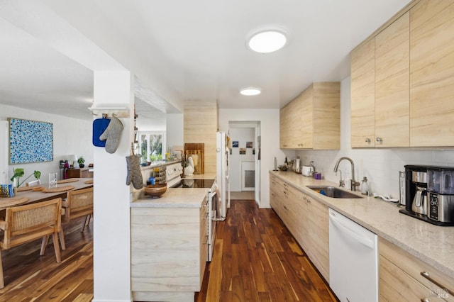 503 Easterby St, Sausalito, CA 94965 - kitchen with white appliances, a sink, light brown cabinetry, and dark wood-style floors