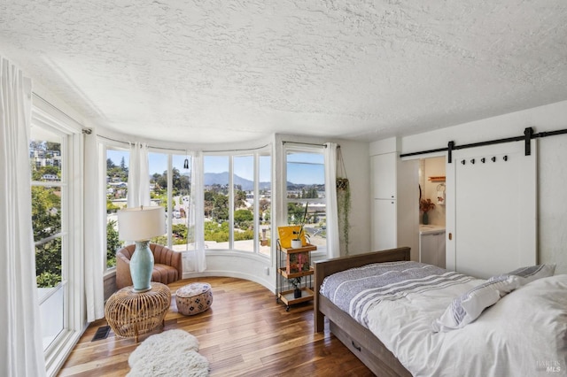 503 Easterby St, Sausalito, CA 94965 - bedroom with a barn door, wood finished floors, a textured ceiling, and a mountain view